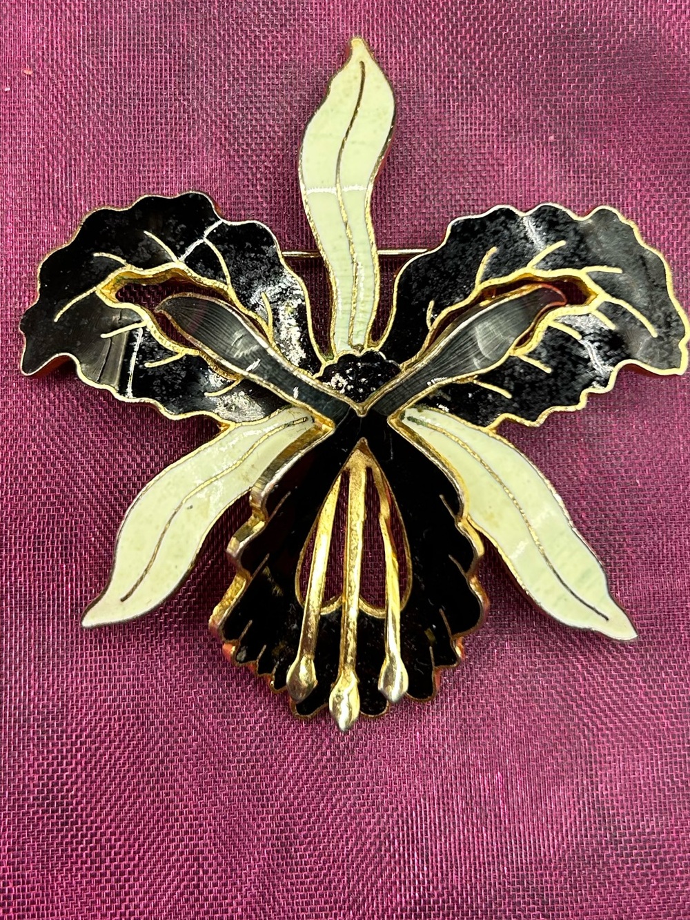 Vintage Floral Enamel Orchid Brooch in Black and Cream